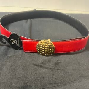 Women's Reversible Red & Black Italian Leather Belt XS Gold Golf Ball Buckle NWT